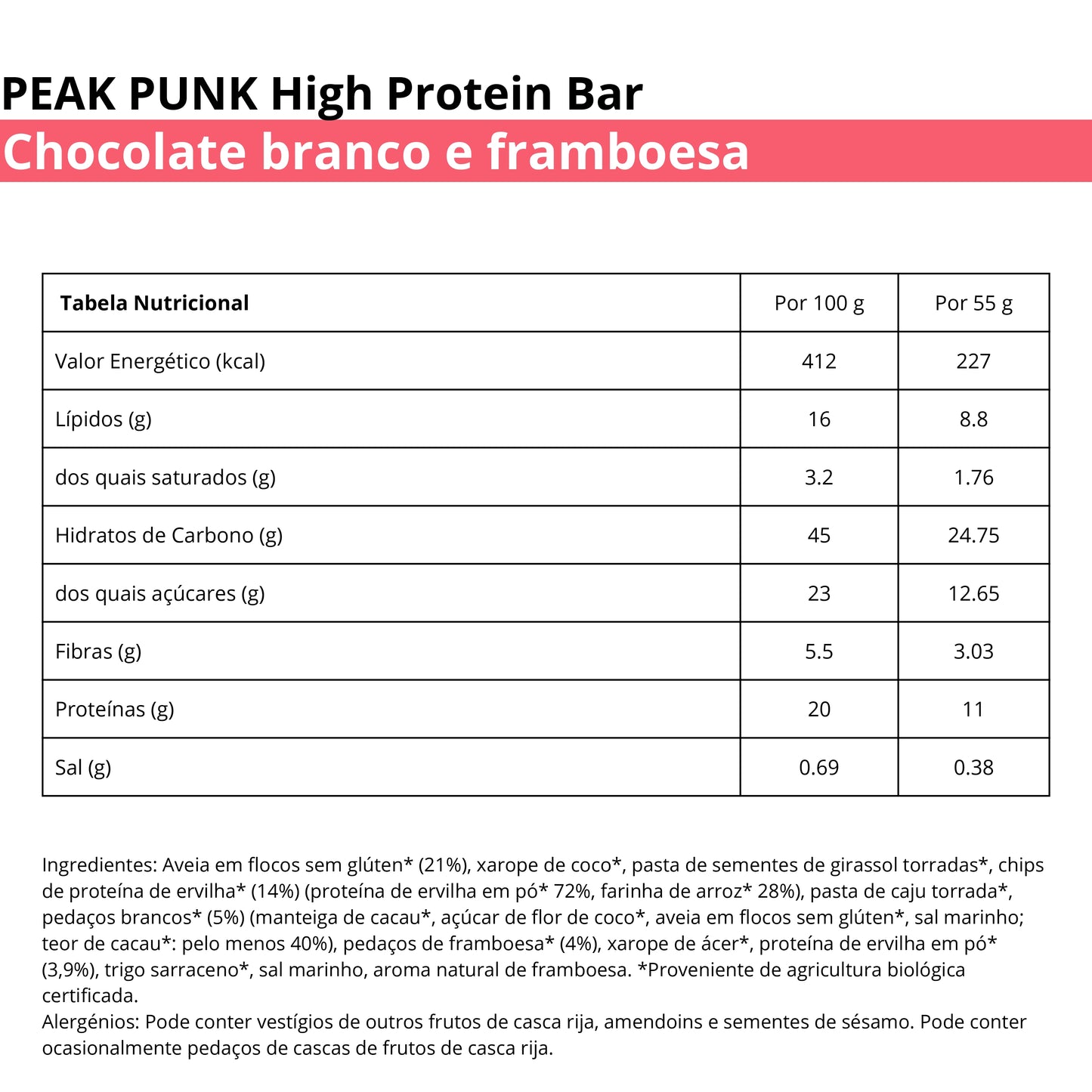 Peak Punk Bio High Protein Bar Chocolate Branco e Framboesa