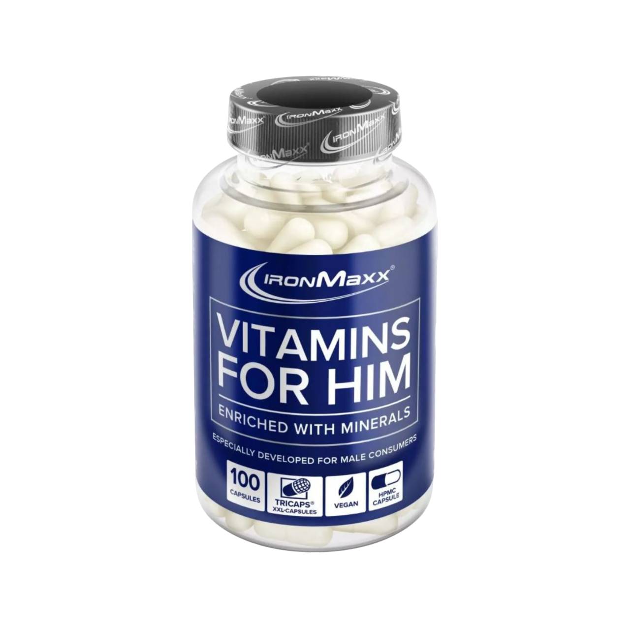 IronMaxx Vitaminas para Ele 100 Cap.
Cálcio Magnésio Zinco Niacina Vitamina B3 Vitamina B6 Vitamina B12
IronMaxx Vitamins For Him