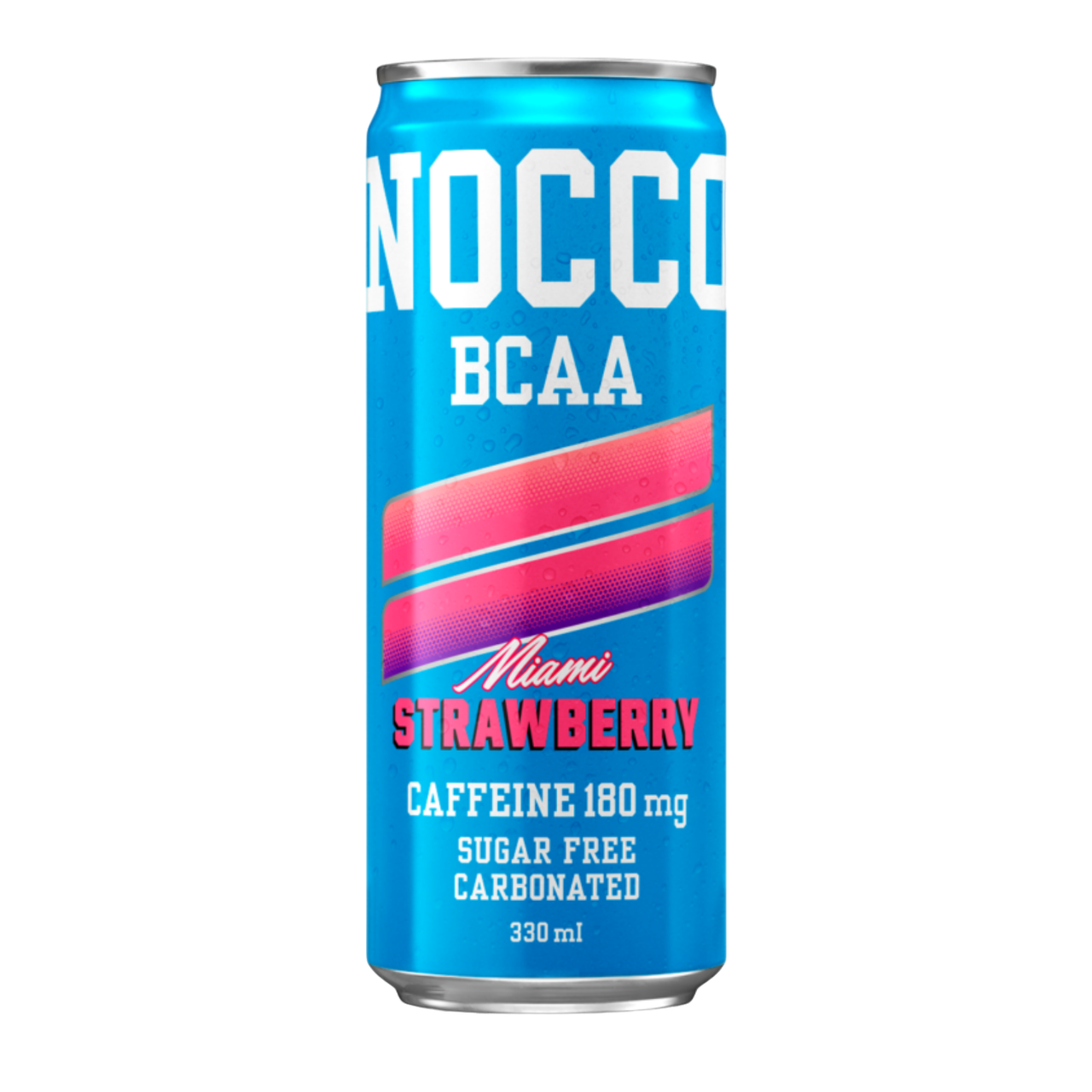 NOCCO BCAA Morango Miami Strawberry 330ml Cafeína 180mg Caffeine Sem açúcar Sugar Free Vegan BCAA 4:1:1 (Leucina, Valina e Isoleucina) 3000 mg Vitamina B6 Vitamina B12 Biotina Ácido Fólico Niacina