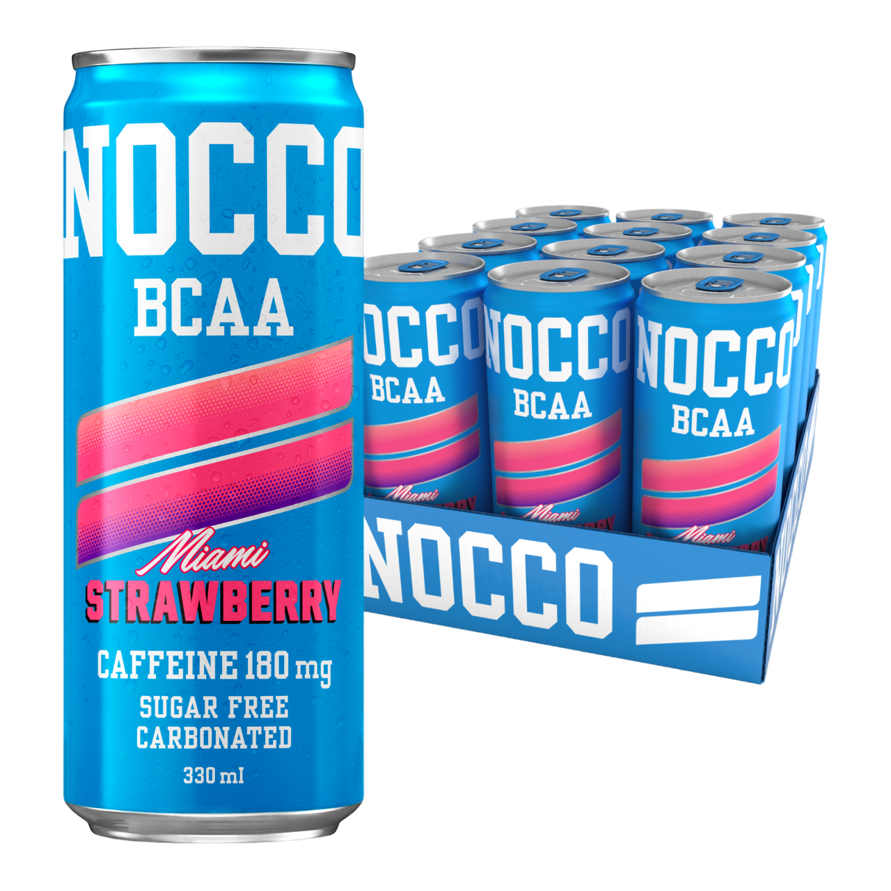 NOCCO BCAA Morango Miami Strawberry 24x330ml Cafeína 180mg Caffeine Sem açúcar Sugar Free Vegan BCAA 4:1:1 (Leucina, Valina e Isoleucina) 3000 mg Vitamina B6 Vitamina B12 Biotina Ácido Fólico Niacina