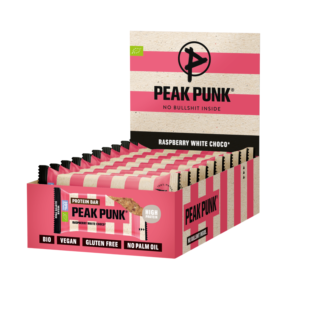 Peak Punk Bio High Protein Bar Chocolate Branco e Framboesa 12x55g
Vegan
Sem gluten
