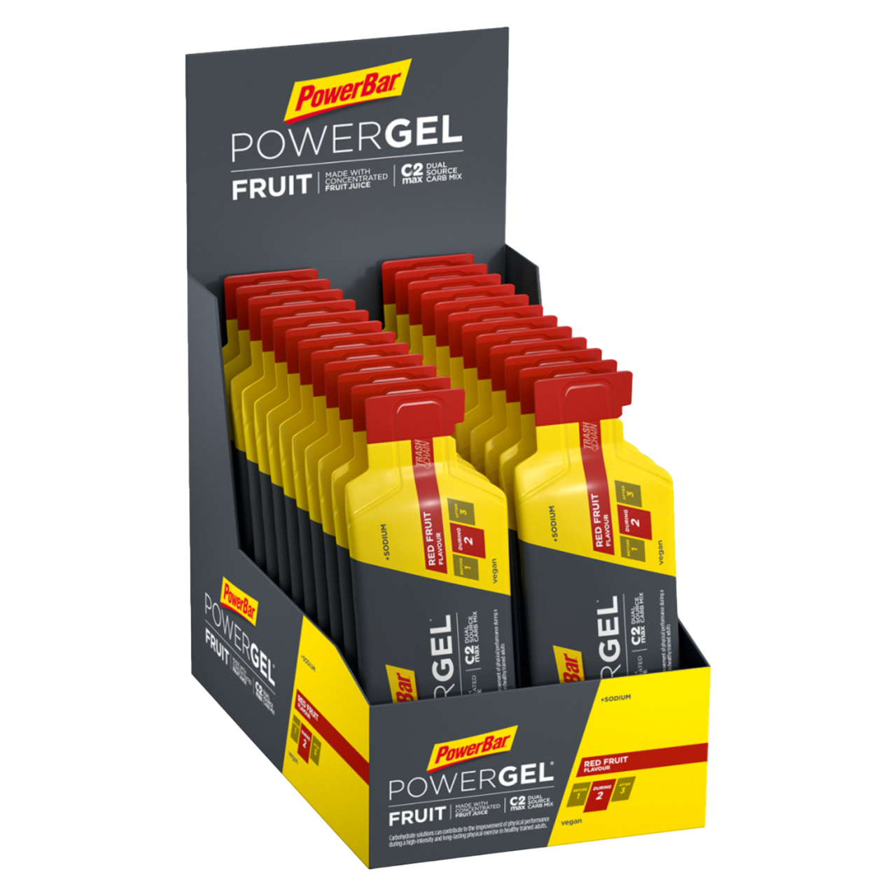 Powerbar PowerGel Fruit Frutos Vermelhos Red Fruit 24x41g hidratos de carbono C2MAX Dual Source Carb Mix sódio fruta concentrado aromas naturais Vegan Cologne List