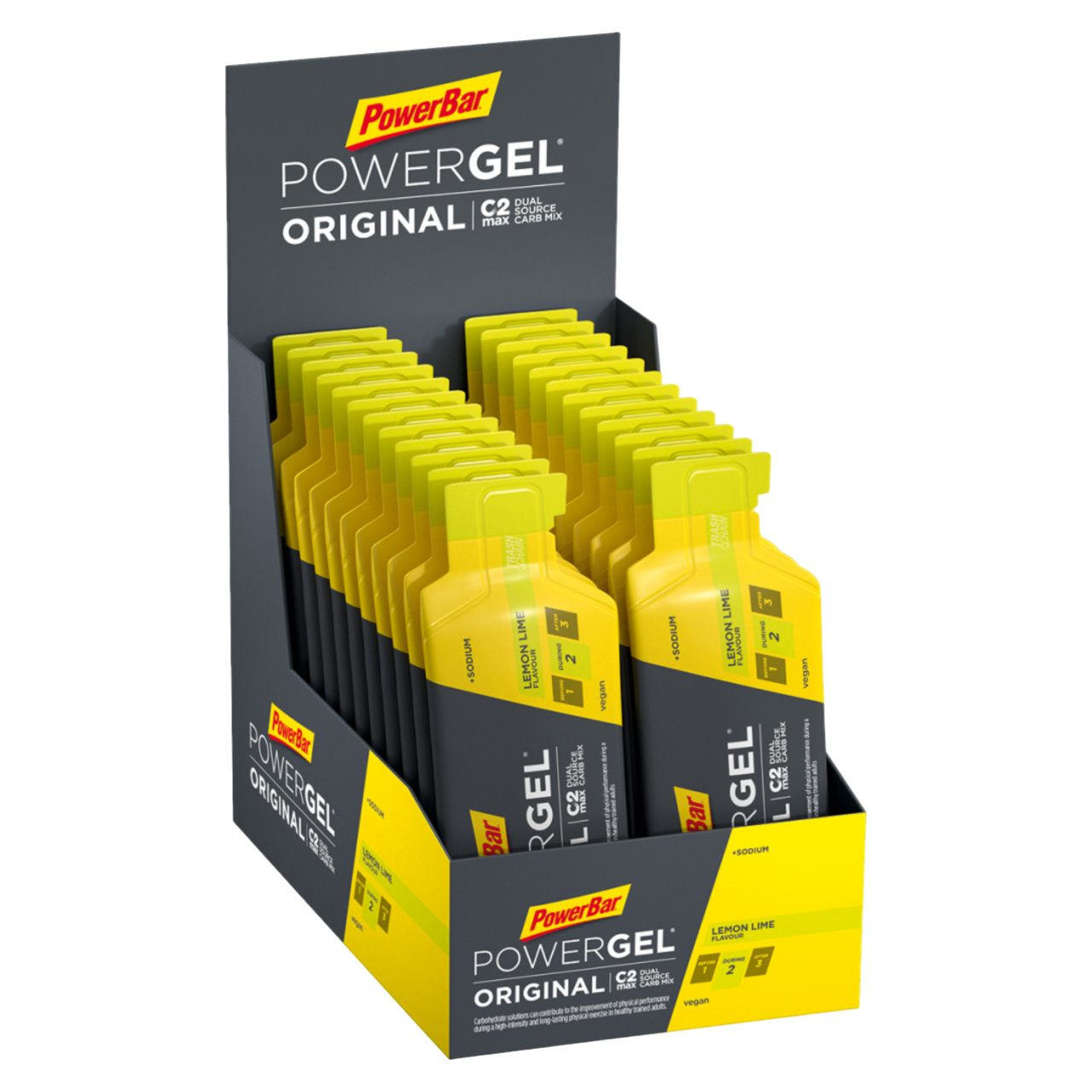 Powerbar PowerGel Original Limão Lima Lemon Lime 24x41g hidratos de carbono C2MAX Dual Source Carb Mix sódio fruta concentrado aromas naturais Vegan Cologne List