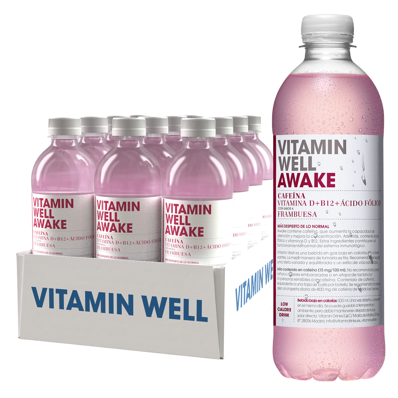 Vitamin Well AWAKE Framboesa 12x500ml vitamina D vitamina B12 ácido fólico sistema imunitário minerais extratos de frutas frutose cafeína (15mg/100ml)