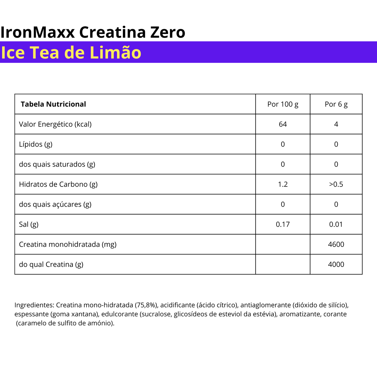 IronMaxx Creatina ZERO - Ice Tea Limão 250g