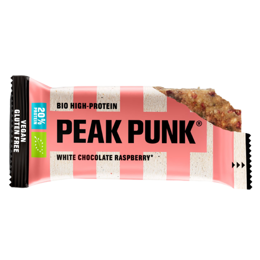 Peak Punk Bio High Protein Bar Chocolate Branco Framboesa White Chocolate Raspberry 55g Vegan Sem Glúten Gluten Free orgânico biológico