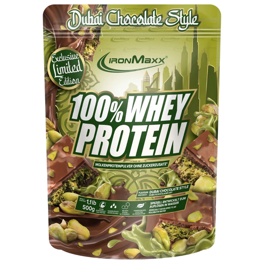 IronMaxx 100% Whey Protein Chocolate do Dubai 500g Proteína ultraconcentrada Baixo Teor de Açúcar Melhor Perfil de Aminoácidos BCAAs e EAAs em Conservantes e Aspartame chocolate encorpado, creme de pistáchio fino e kadayif estaladiço
Dubai Chocolate Style
