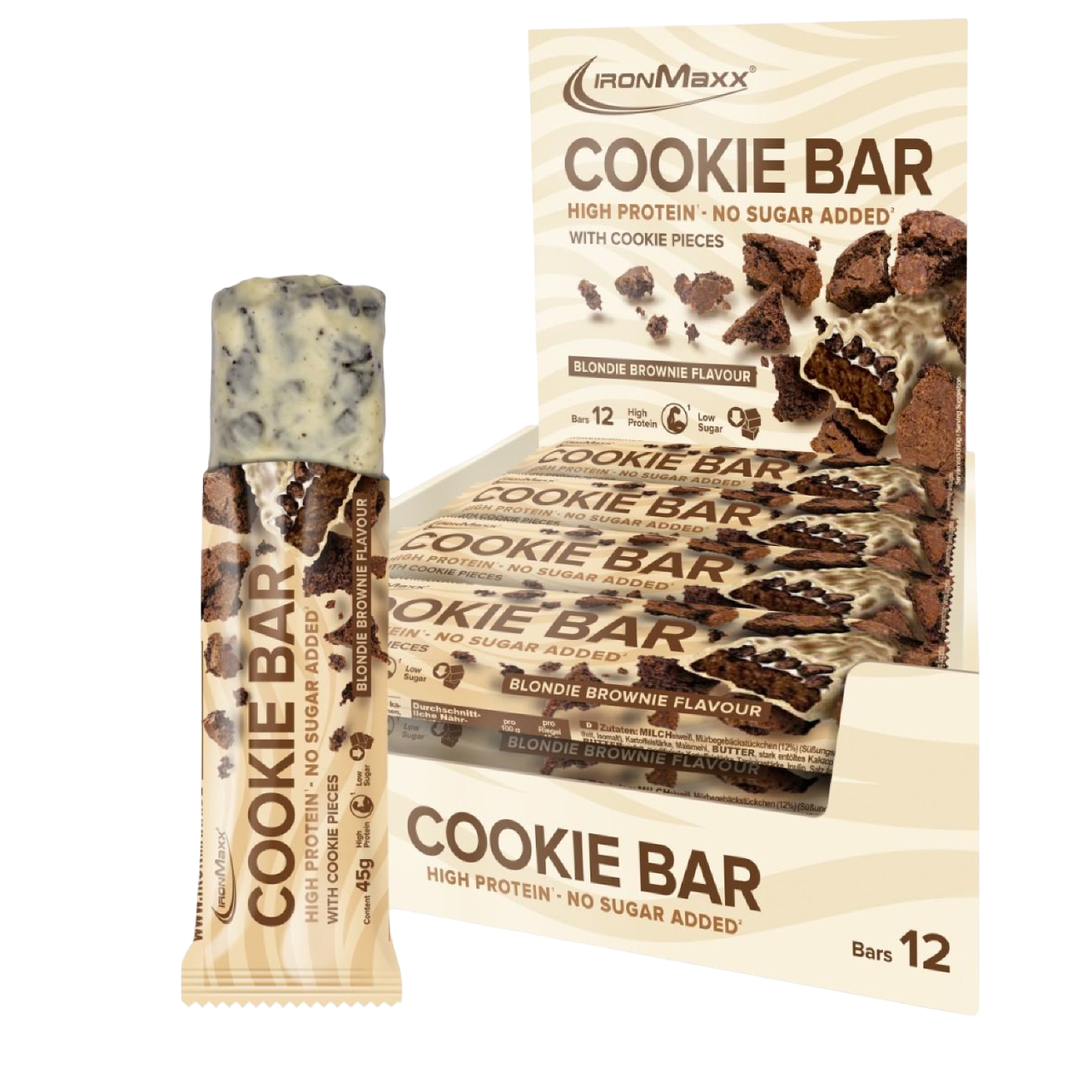 IronMaxx Cookie Bar Blondie Brownie 12x45g High Protein No Sugar Added With Cookie Pieces
Sem adição de açúcares com pedaços de bolacha