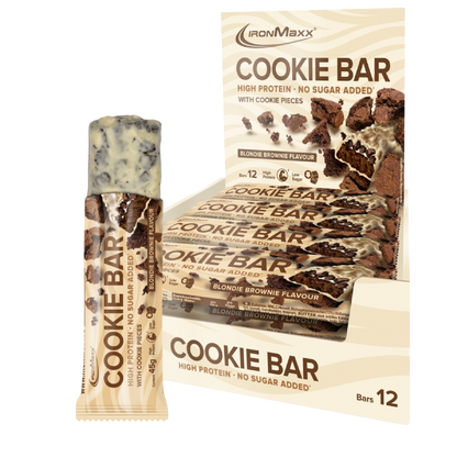 IronMaxx Cookie Bar Blondie Brownie 12x45g High Protein No Sugar Added With Cookie Pieces
Sem adição de açúcares com pedaços de bolacha