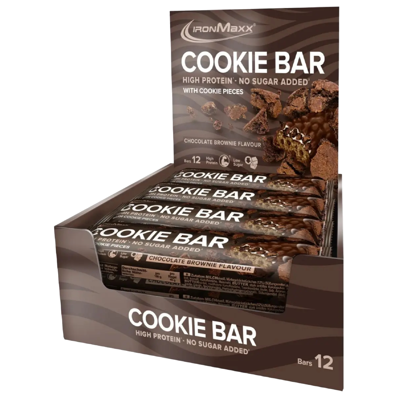 IronMaxx Cookie Bar Chocolate Brownie 12x45g High Protein No Sugar Added With Cookie Pieces
Sem adição de açúcares com pedaços de bolacha