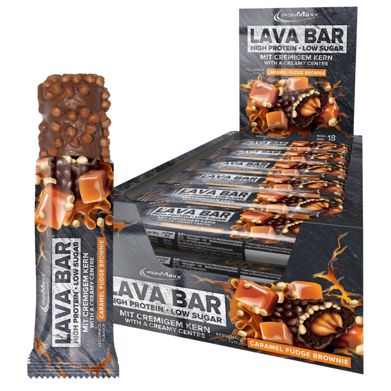 IronMaxx Lava Bar Brownie de Caramelo 18x40g recheio cremoso pedaços crocantes de nozes Baixo teor de açúcar Alto teor de proteína
IronMaxx Lava Bar Caramel Fudge Brownie 18x40g High Protein Low Sugar