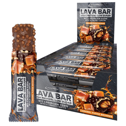 IronMaxx Lava Bar Brownie de Caramelo 18x40g recheio cremoso pedaços crocantes de nozes Baixo teor de açúcar Alto teor de proteína
IronMaxx Lava Bar Caramel Fudge Brownie 18x40g High Protein Low Sugar