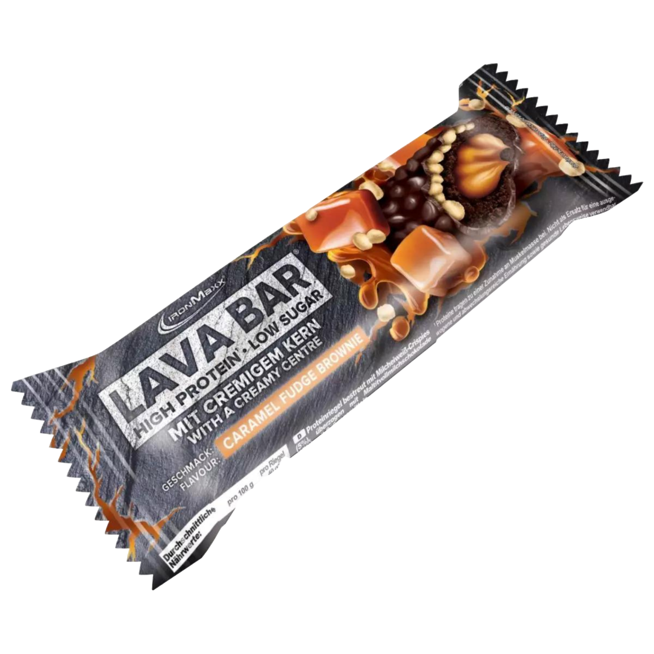 IronMaxx Lava Bar Brownie de Caramelo recheio cremoso pedaços crocantes de nozes Baixo teor de açúcar Alto teor de proteína
IronMaxx Lava Bar Caramel Fudge Brownie High Protein Low Sugar