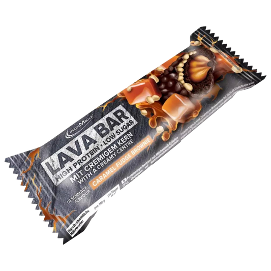 IronMaxx Lava Bar Brownie de Caramelo recheio cremoso pedaços crocantes de nozes Baixo teor de açúcar Alto teor de proteína
IronMaxx Lava Bar Caramel Fudge Brownie High Protein Low Sugar