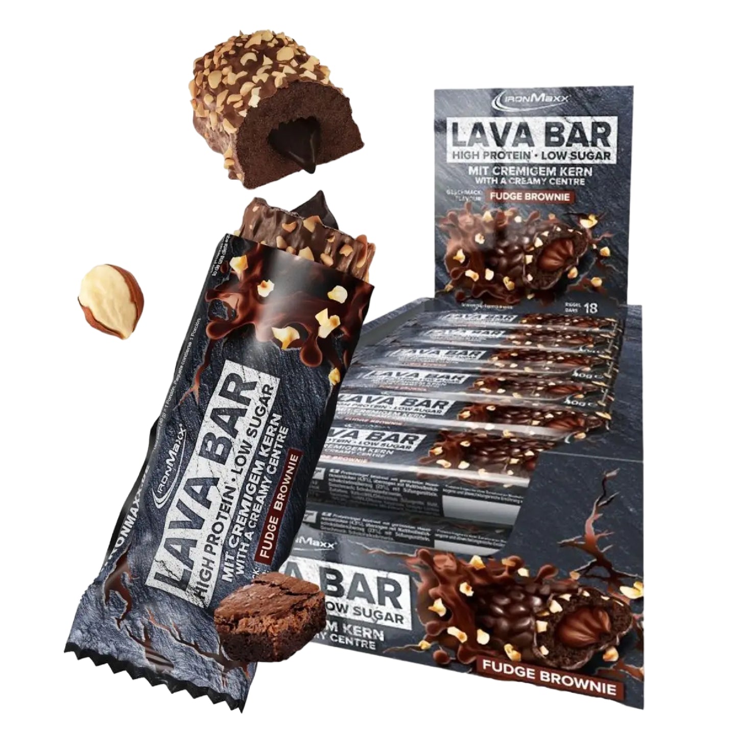 IronMaxx Lava Bar Brownie de Chocolate 18x40g recheio cremoso pedaços crocantes de nozes Baixo teor de açúcar Alto teor de proteína
IronMaxx Lava Bar Fudge Brownie 18x40g High Protein Low Sugar