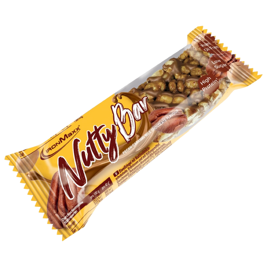 IronMaxx Nutty Bar Caramel Pecan Milk Chocolate com nozes verdadeirasfrutos secos Baixo teor de açúcar sem glúten sem utilização de óleo de palma