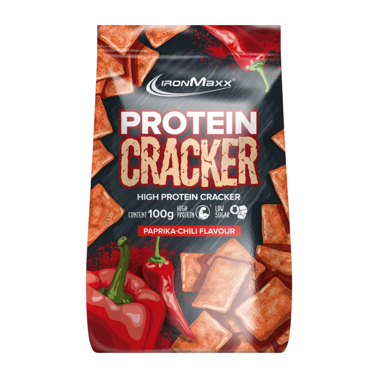 IronMaxx Protein Cracker Paprica Chili 100g rica em proteínas Baixo teor de açúcar 
IronMaxx Protein Cracker Paprika Chili 100g High Protein Low Sugar