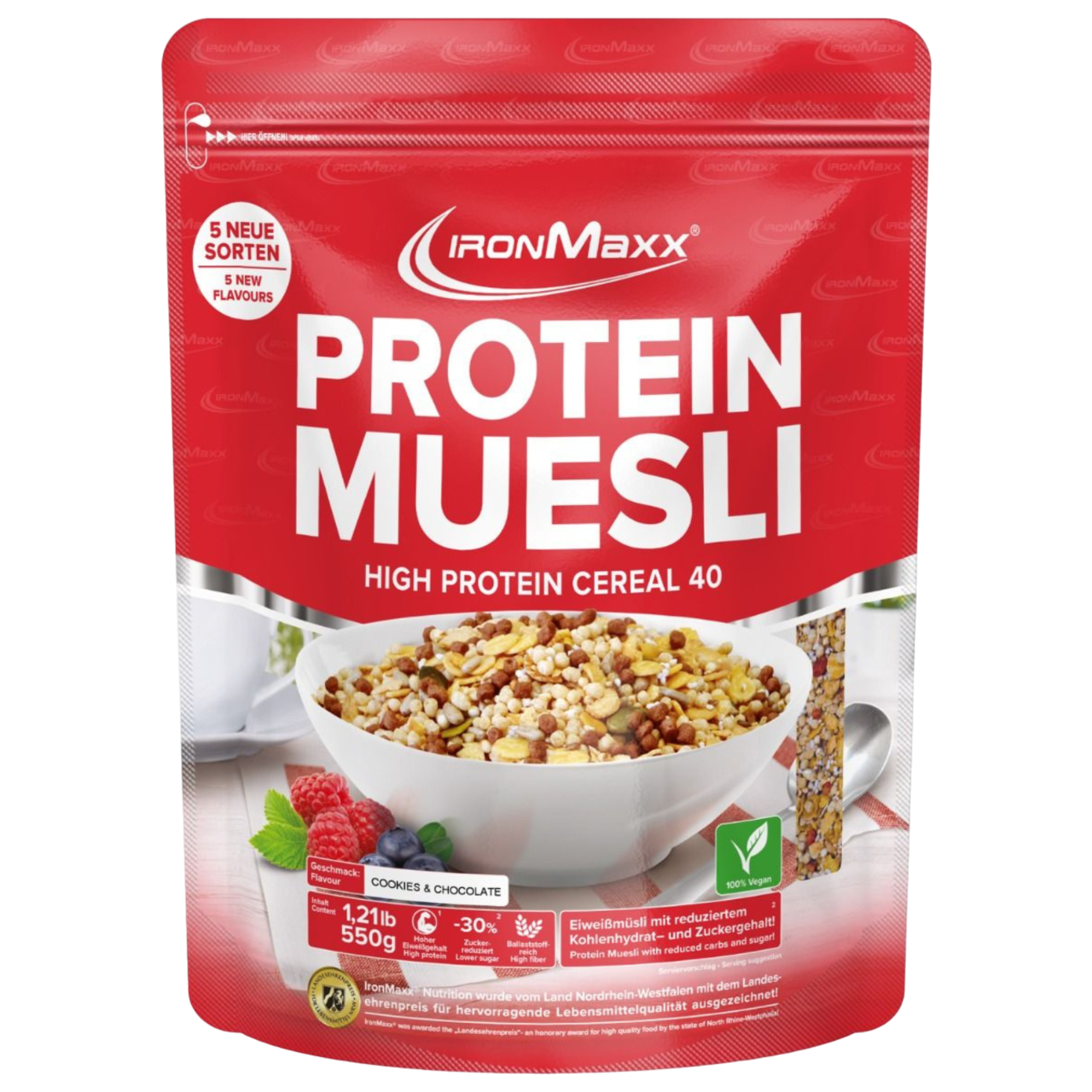 IronMaxx Protein Muesli Bolacha&Chocolate 550g Granola Proteica Rico em Fibra Elevado teor de proteína Baixo teor de açúcar
IronMaxx Protein Muesli Cookies&Cream 550g High Protein Low Sugar Vegan