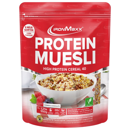 IronMaxx Protein Muesli Bolacha&Chocolate 550g Granola Proteica Rico em Fibra Elevado teor de proteína Baixo teor de açúcar
IronMaxx Protein Muesli Cookies&Cream 550g High Protein Low Sugar Vegan