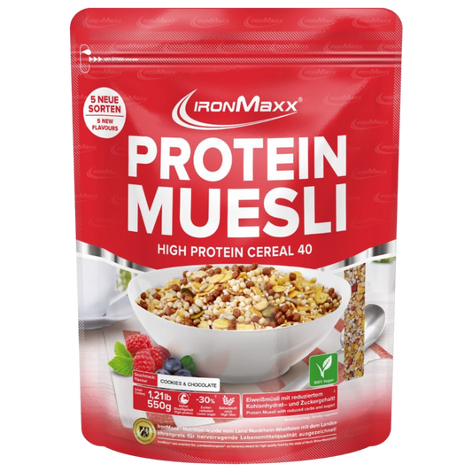 IronMaxx Protein Muesli Bolacha&Chocolate 550g Granola Proteica Rico em Fibra Elevado teor de proteína Baixo teor de açúcar
IronMaxx Protein Muesli Cookies&Cream 550g High Protein Low Sugar Vegan