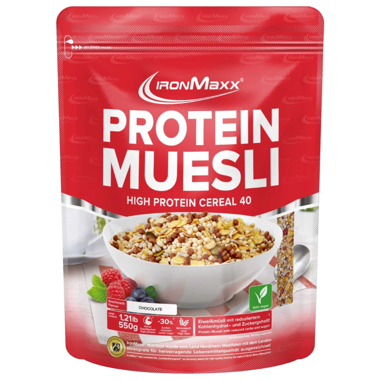 IronMaxx Protein Muesli Chocolate 550g Granola Proteica Rico em Fibra Elevado teor de proteína Baixo teor de açúcar
IronMaxx Protein Muesli Chocolate 550g High Protein Low Sugar Vegan