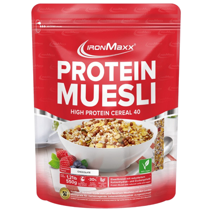 IronMaxx Protein Muesli Chocolate 550g Granola Proteica Rico em Fibra Elevado teor de proteína Baixo teor de açúcar
IronMaxx Protein Muesli Chocolate 550g High Protein Low Sugar Vegan