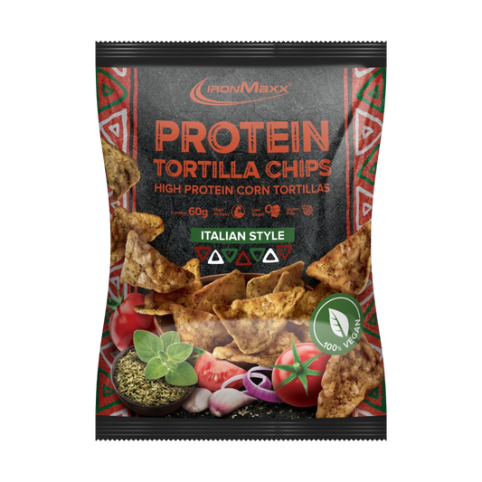 IronMaxx Protein Tortilla Chips Italian Style 60g Tortilhas proteicas à base de proteínas de milho e de ervilha Elevado teor proteico Sem glúten e sem óleo de palma High Protein Low Sugar Glten Free