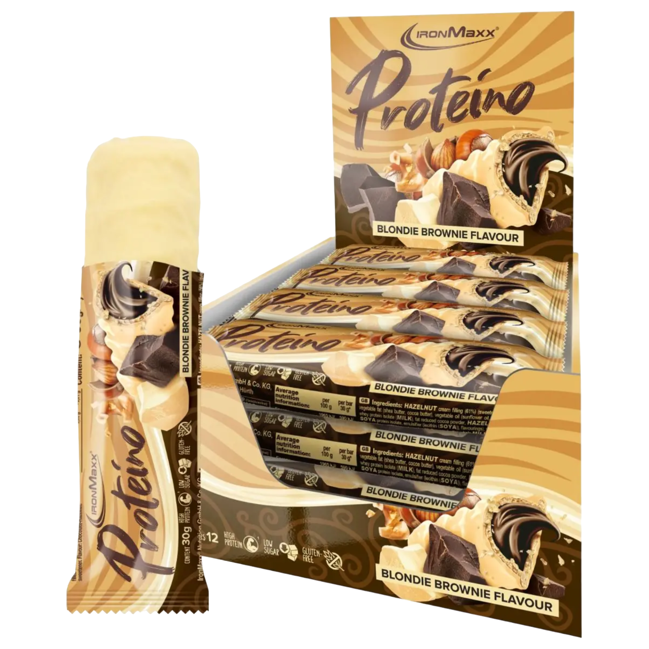 IronMaxx Proteino Blondie Brownie 12x30g recheio cremoso wafer chocolate Sem glúten sem óleo de palma Baixo teor em açúcar alto teor proteico High Protein Low Sugar Gluten Free