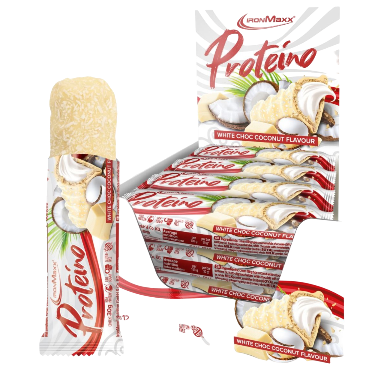 IronMaxx Proteino Chocolate Branco Coco 12x30g recheio cremoso wafer chocolate Sem glúten sem óleo de palma Baixo teor em açúcar alto teor proteico 
IronMaxx Proteino White Chocolate Coconut 12x30g High Protein Low Sugar Gluten Free