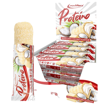 IronMaxx Proteino Chocolate Branco Coco 12x30g recheio cremoso wafer chocolate Sem glúten sem óleo de palma Baixo teor em açúcar alto teor proteico 
IronMaxx Proteino White Chocolate Coconut 12x30g High Protein Low Sugar Gluten Free