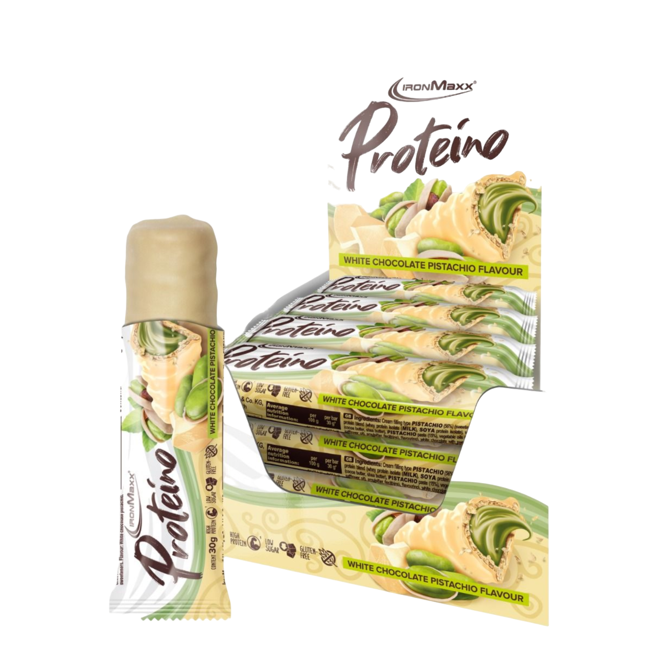 IronMaxx Proteino Chocolate Branco Pistáchio 12x30g recheio cremoso wafer chocolate Sem glúten sem óleo de palma Baixo teor em açúcar alto teor proteico 
IronMaxx Proteino White Chocolate Pistachio 12x30g High Protein Low Sugar Gluten Free