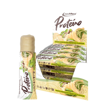 IronMaxx Proteino Chocolate Branco Pistáchio 12x30g recheio cremoso wafer chocolate Sem glúten sem óleo de palma Baixo teor em açúcar alto teor proteico 
IronMaxx Proteino White Chocolate Pistachio 12x30g High Protein Low Sugar Gluten Free