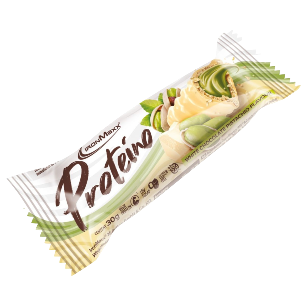 IronMaxx Proteino Chocolate Branco Pistáchio recheio cremoso wafer chocolate Sem glúten sem óleo de palma Baixo teor em açúcar alto teor proteico 
IronMaxx Proteino White Chocolate Pistachio High Protein Low Sugar Gluten Free