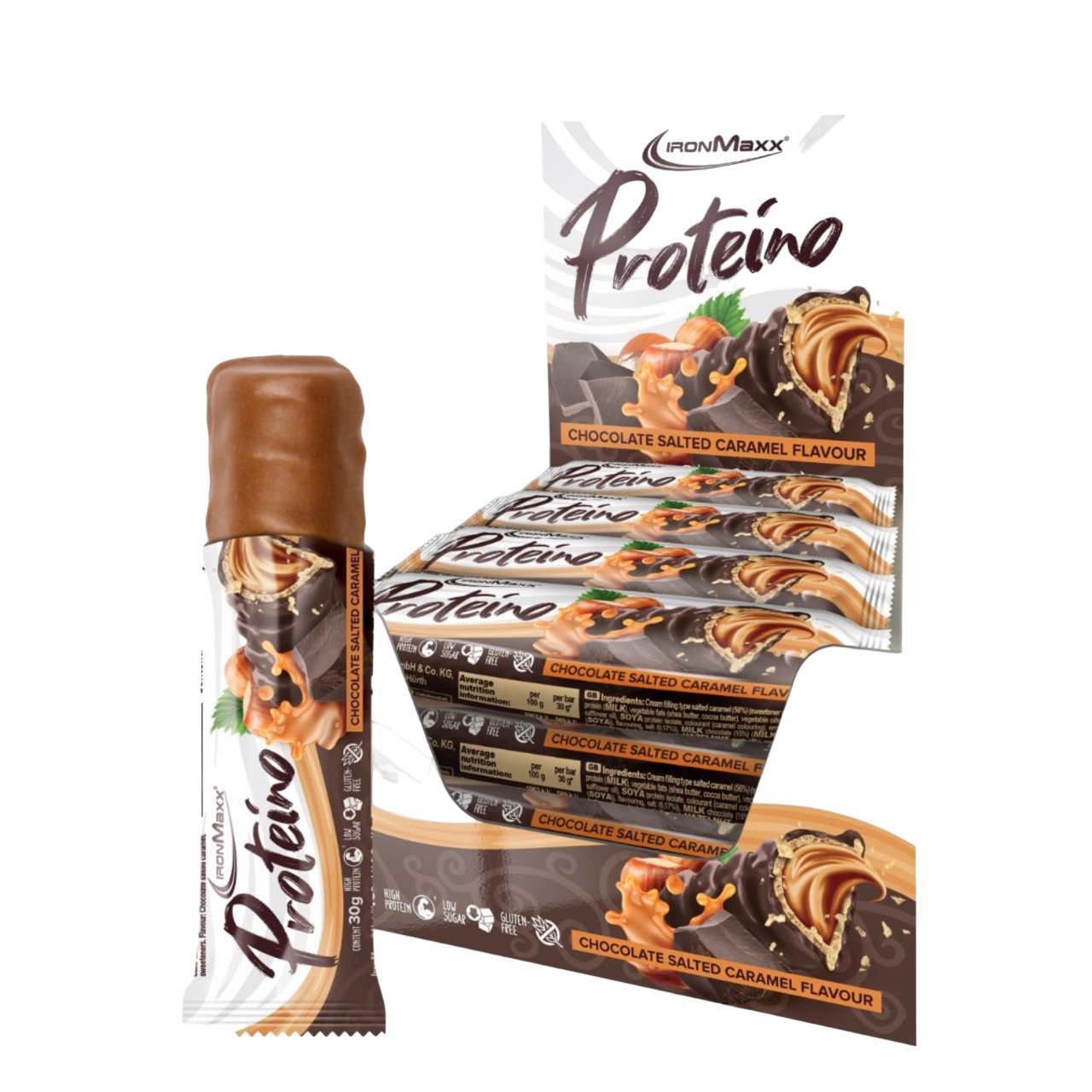 IronMaxx Proteino Chocolate Caramel Salgado 12x30g recheio cremoso wafer chocolate Sem glúten sem óleo de palma Baixo teor em açúcar alto teor proteico 
IronMaxx Proteino Chocolate Salted Caramel 12x30g High Protein Low Sugar Gluten Free