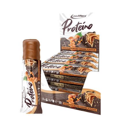 IronMaxx Proteino Chocolate Caramel Salgado 12x30g recheio cremoso wafer chocolate Sem glúten sem óleo de palma Baixo teor em açúcar alto teor proteico 
IronMaxx Proteino Chocolate Salted Caramel 12x30g High Protein Low Sugar Gluten Free