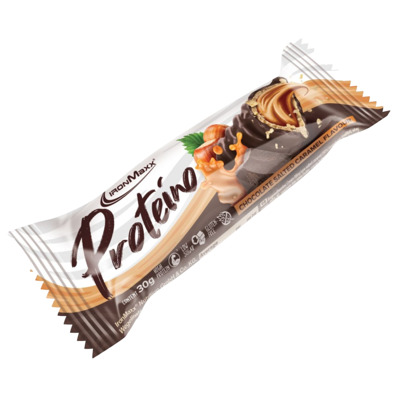 IronMaxx Proteino Chocolate Caramel Salgado recheio cremoso wafer chocolate Sem glúten sem óleo de palma Baixo teor em açúcar alto teor proteico 
IronMaxx Proteino Chocolate Salted Caramel High Protein Low Sugar Gluten Free