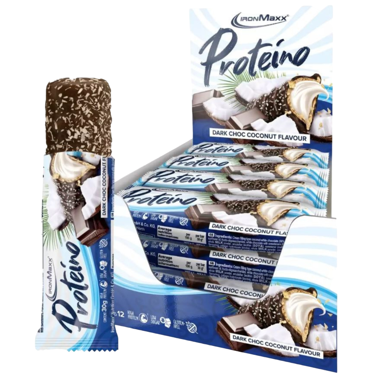 IronMaxx Proteino Chocolate Negro Coco 12x30g recheio cremoso wafer chocolate Sem glúten sem óleo de palma Baixo teor em açúcar alto teor proteico 
IronMaxx Proteino Dark Choc Coconut 12x30g High Protein Low Sugar Gluten Free