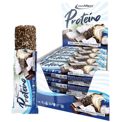 IronMaxx Proteino Chocolate Negro Coco 12x30g recheio cremoso wafer chocolate Sem glúten sem óleo de palma Baixo teor em açúcar alto teor proteico 
IronMaxx Proteino Dark Choc Coconut 12x30g High Protein Low Sugar Gluten Free