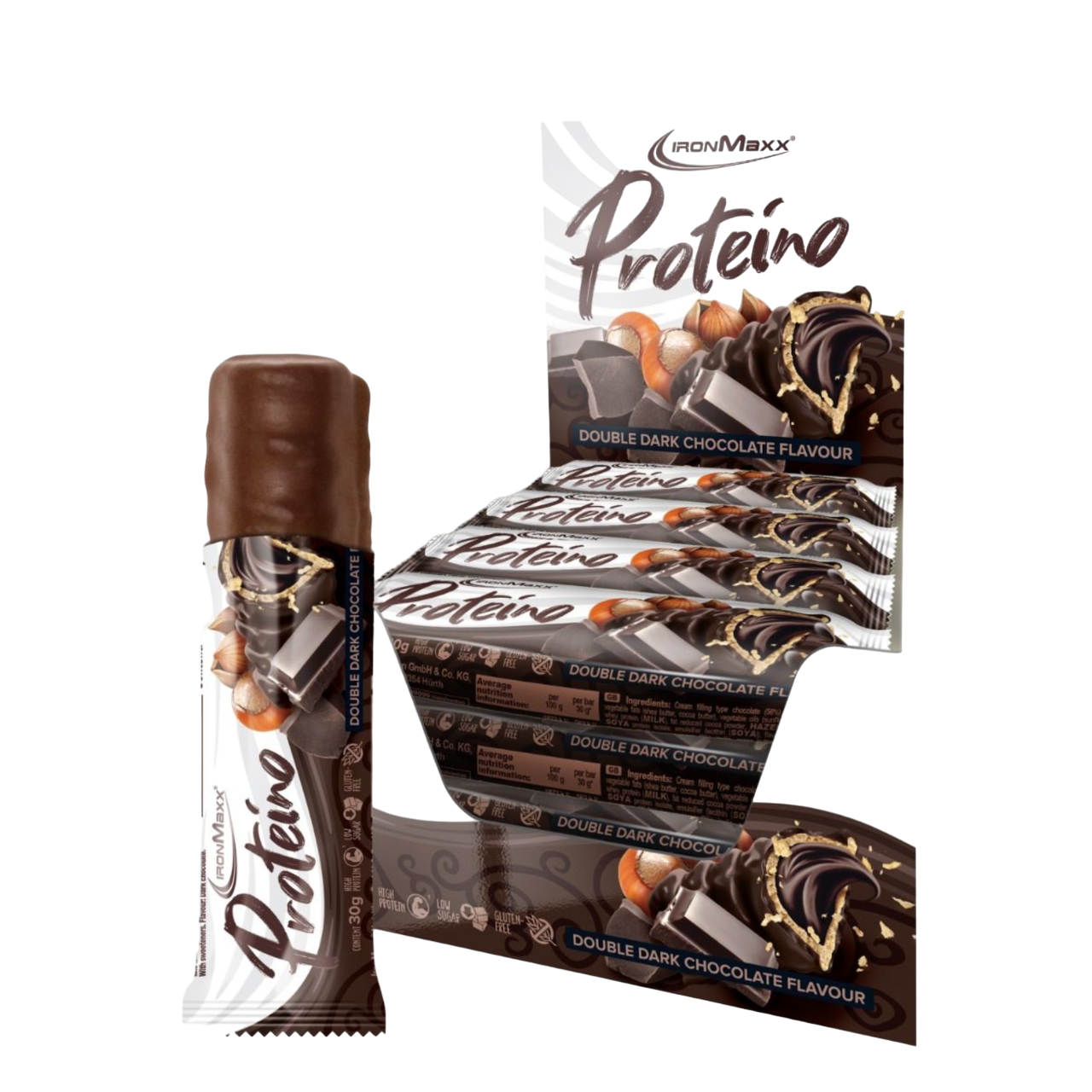 IronMaxx Proteino Chocolate Negro Duplo 12x30g recheio cremoso wafer chocolate Sem glúten sem óleo de palma Baixo teor em açúcar alto teor proteico 
IronMaxx Proteino Double Dark Chocolate 12x30g High Protein Low Sugar Gluten Free