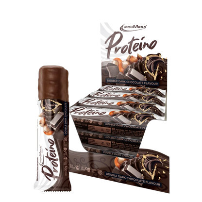 IronMaxx Proteino Chocolate Negro Duplo 12x30g recheio cremoso wafer chocolate Sem glúten sem óleo de palma Baixo teor em açúcar alto teor proteico 
IronMaxx Proteino Double Dark Chocolate 12x30g High Protein Low Sugar Gluten Free