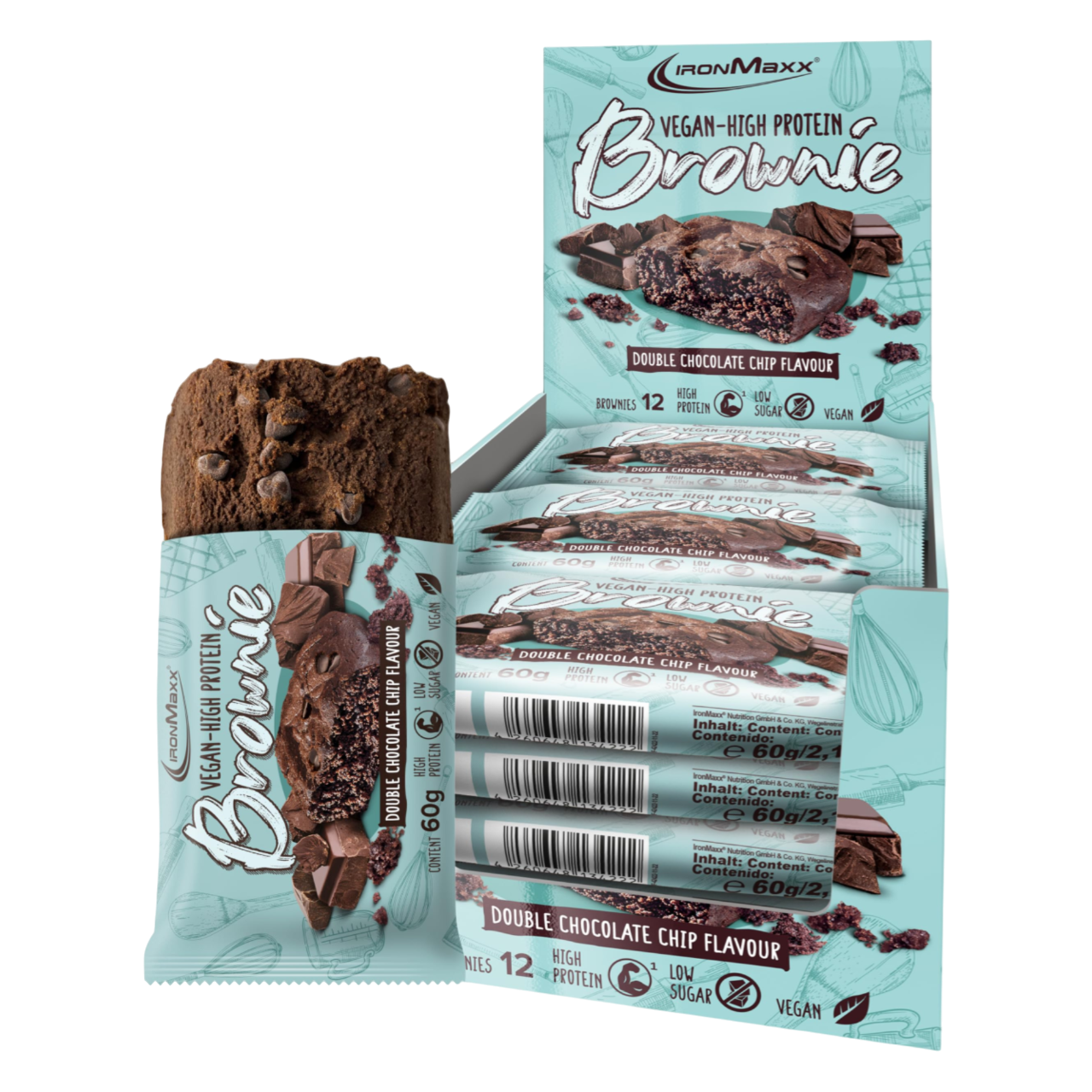 IronMaxx Vegan Brownie proteico, duplo chocolate, baixo em açúcares 12x60g
Vegan-High Protein Brownie Double Chocolate Chip Flavor