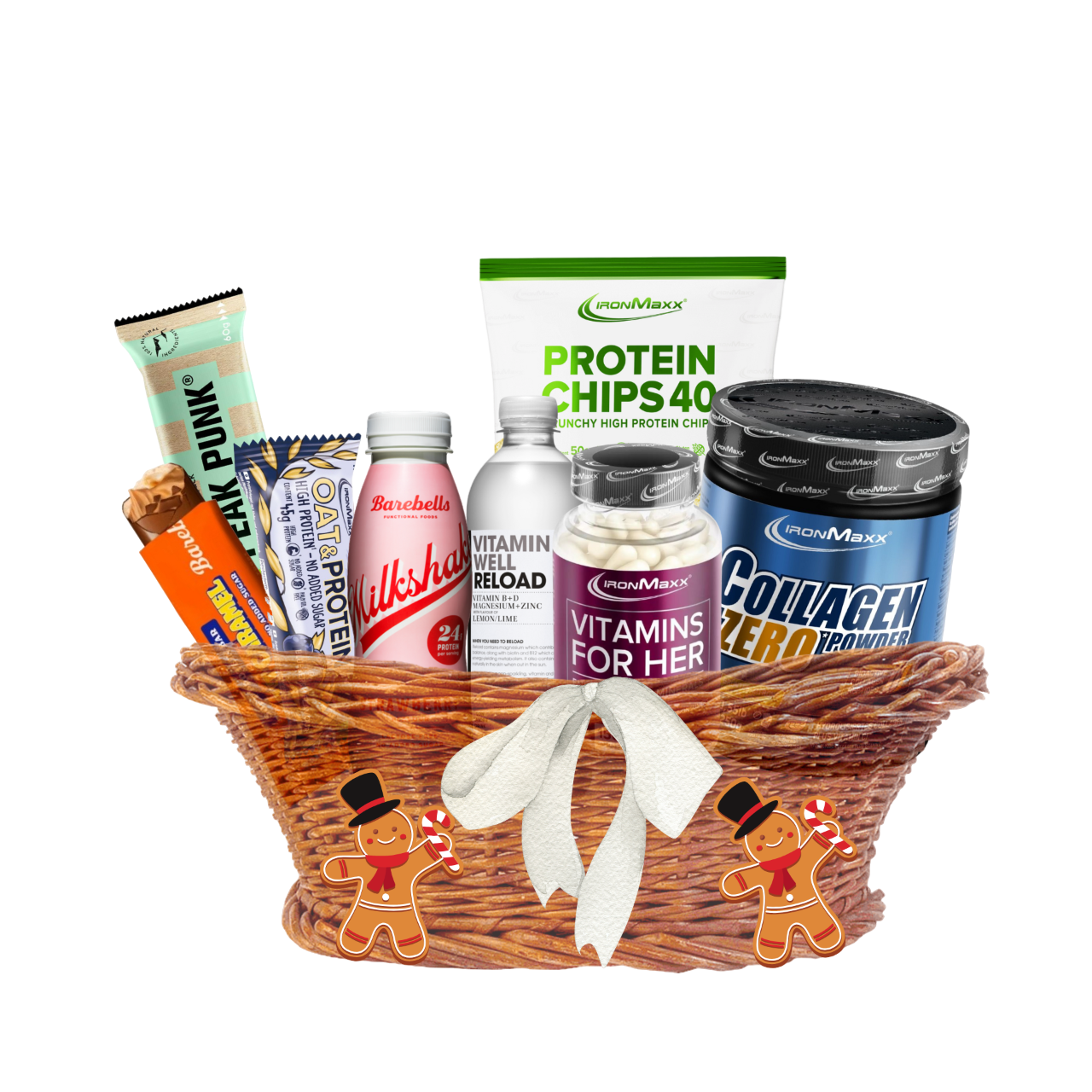 Kit de Natal para ELA Protein Chips Peak Punk Brownie Cashew Barebells Soft Salted Peanut Caramel Barebells Milkshake Morango Vitamin Well Reload Vitaminas Colagénio