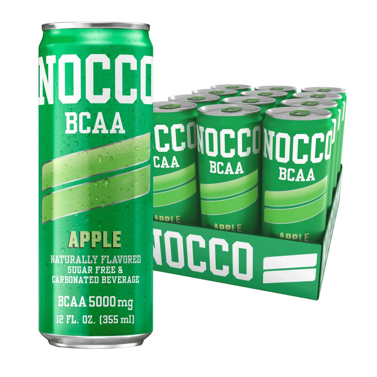 NOCCO BCAA+ Apple Maçã 24x330ml Sem açúcar Sugar Free sem cafeína Vegan BCAA 4:1:1 (Leucina, Valina e Isoleucina) 5000 mg Vitamina B6 Vitamina B12 Biotina Ácido Fólico Niacina