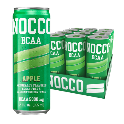 NOCCO BCAA+ Apple Maçã 24x330ml Sem açúcar Sugar Free sem cafeína Vegan BCAA 4:1:1 (Leucina, Valina e Isoleucina) 5000 mg Vitamina B6 Vitamina B12 Biotina Ácido Fólico Niacina