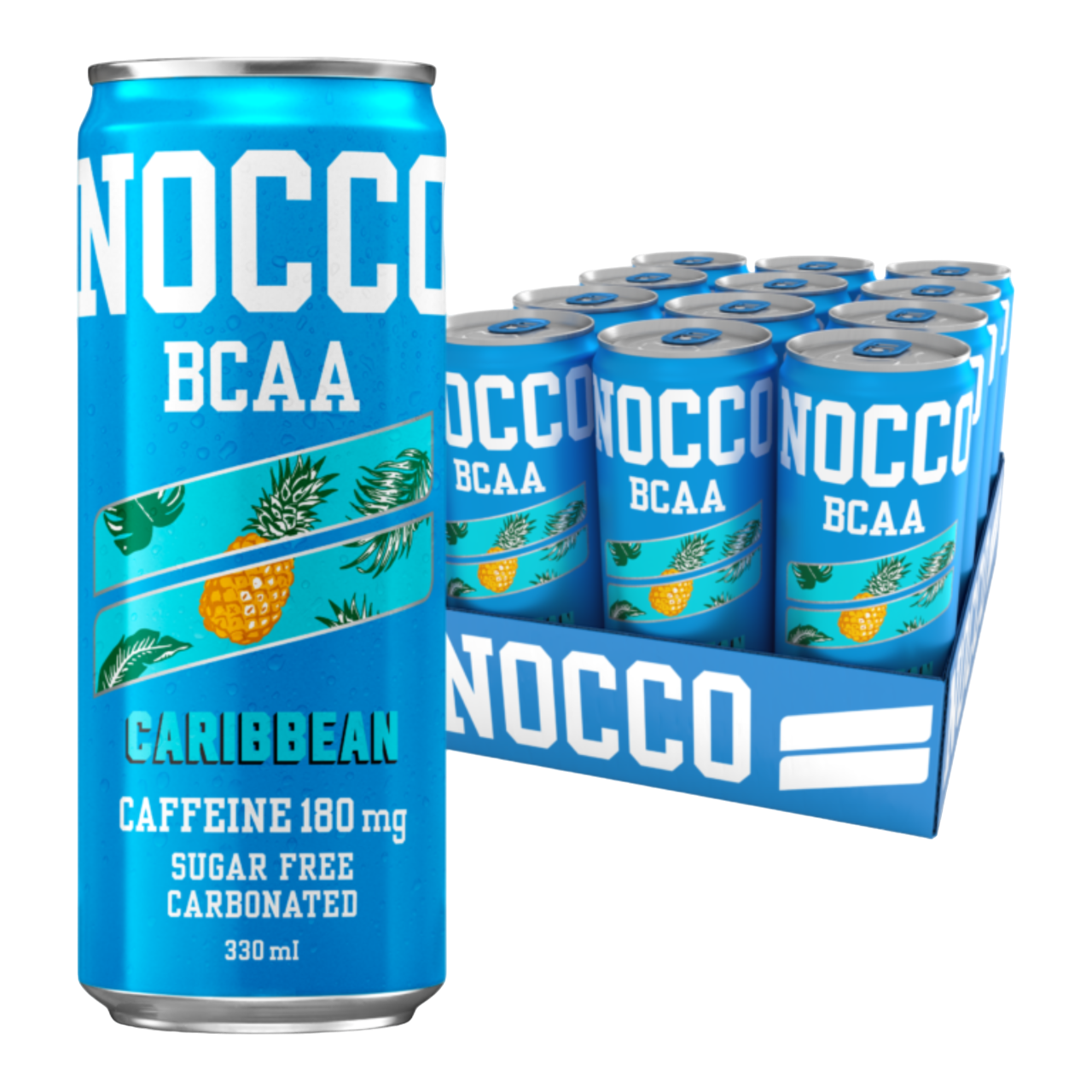 NOCCO BCAA Caribbean 24x330ml Cafeína 180mg Caffeine Sem açúcar Sugar Free Vegan BCAA 4:1:1 (Leucina, Valina e Isoleucina) 3000 mg Vitamina B6 Vitamina B12 Biotina Ácido Fólico Niacina