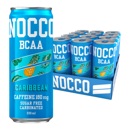 NOCCO BCAA Caribbean 24x330ml Cafeína 180mg Caffeine Sem açúcar Sugar Free Vegan BCAA 4:1:1 (Leucina, Valina e Isoleucina) 3000 mg Vitamina B6 Vitamina B12 Biotina Ácido Fólico Niacina