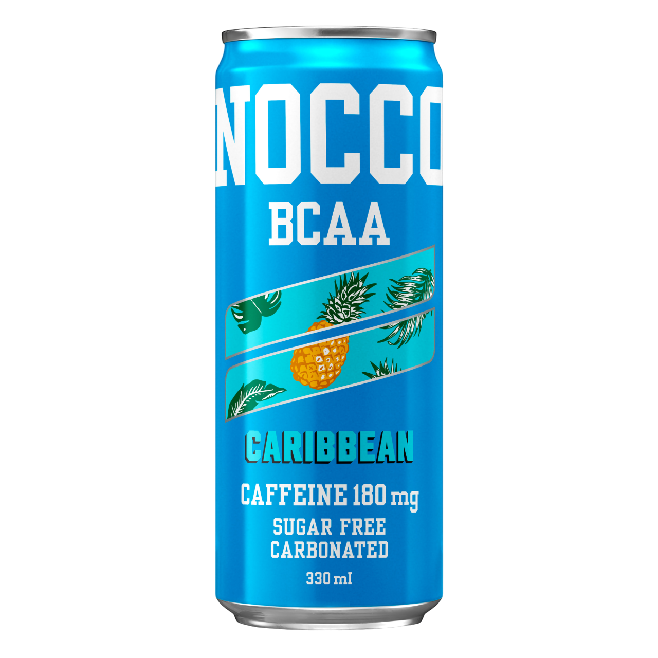 NOCCO BCAA Caribbean 330ml Cafeína 180mg Caffeine Sem açúcar Sugar Free Vegan BCAA 4:1:1 (Leucina, Valina e Isoleucina) 3000 mg Vitamina B6 Vitamina B12 Biotina Ácido Fólico Niacina