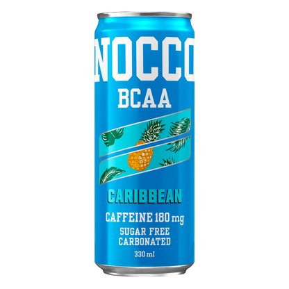 NOCCO BCAA Caribbean 330ml Cafeína 180mg Caffeine Sem açúcar Sugar Free Vegan BCAA 4:1:1 (Leucina, Valina e Isoleucina) 3000 mg Vitamina B6 Vitamina B12 Biotina Ácido Fólico Niacina