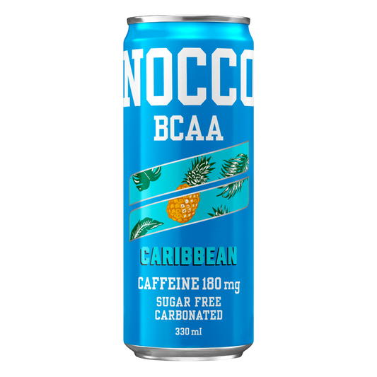 NOCCO BCAA Caribbean 330ml Cafeína 180mg Caffeine Sem açúcar Sugar Free Vegan BCAA 4:1:1 (Leucina, Valina e Isoleucina) 3000 mg Vitamina B6 Vitamina B12 Biotina Ácido Fólico Niacina