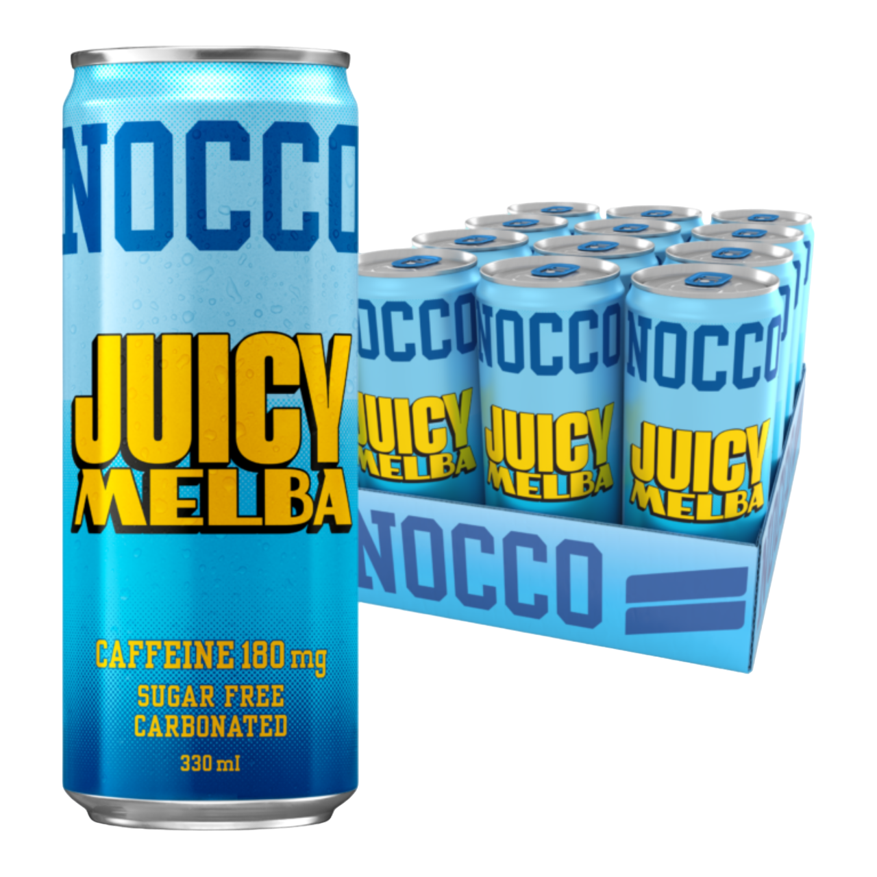 NOCCO BCAA Juicy Melba (Pêssego) 24x330ml Cafeína 180mg Caffeine Sem açúcar Sugar Free Vegan BCAA 4:1:1 (Leucina, Valina e Isoleucina) 3000 mg Vitamina B6 Vitamina B12 Biotina Ácido Fólico Niacina